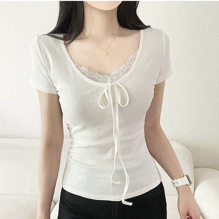 レースレイヤードリボンVネック半袖Tシャツ WHITE