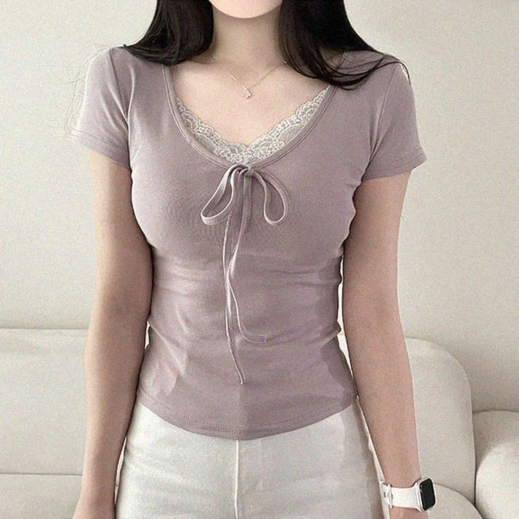 レースレイヤードリボンVネック半袖Tシャツ PURPLE
