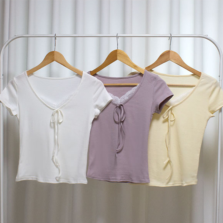 レースレイヤードリボンVネック半袖Tシャツ