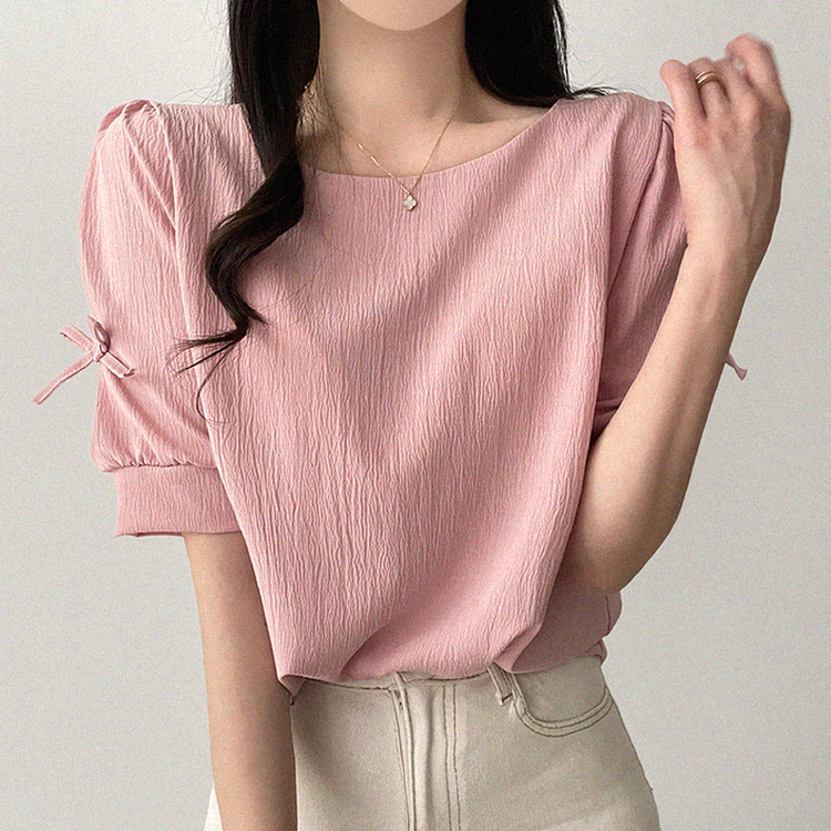リボンパフスリーブ半袖ブラウス PINK