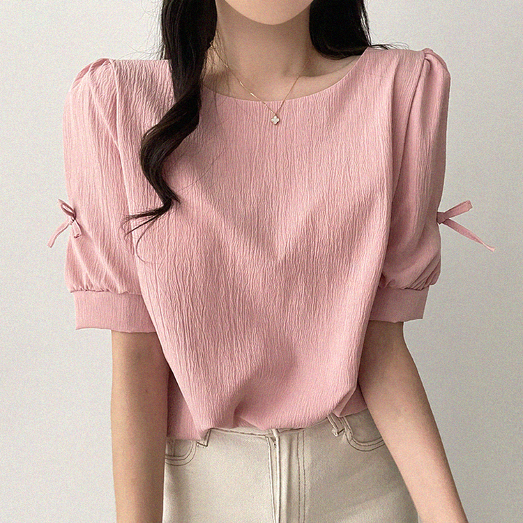 ヨリ　リボンパフスリーブブラウス　ピンク 袖口リボン付きパフスリーブブラウス
