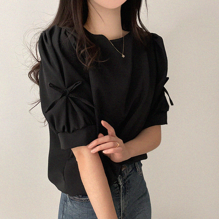 リボンパフスリーブ半袖ブラウス BLACK