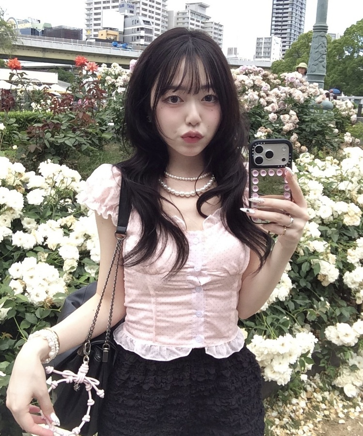 미니 도트 프릴 투웨이 블라우스 핑크