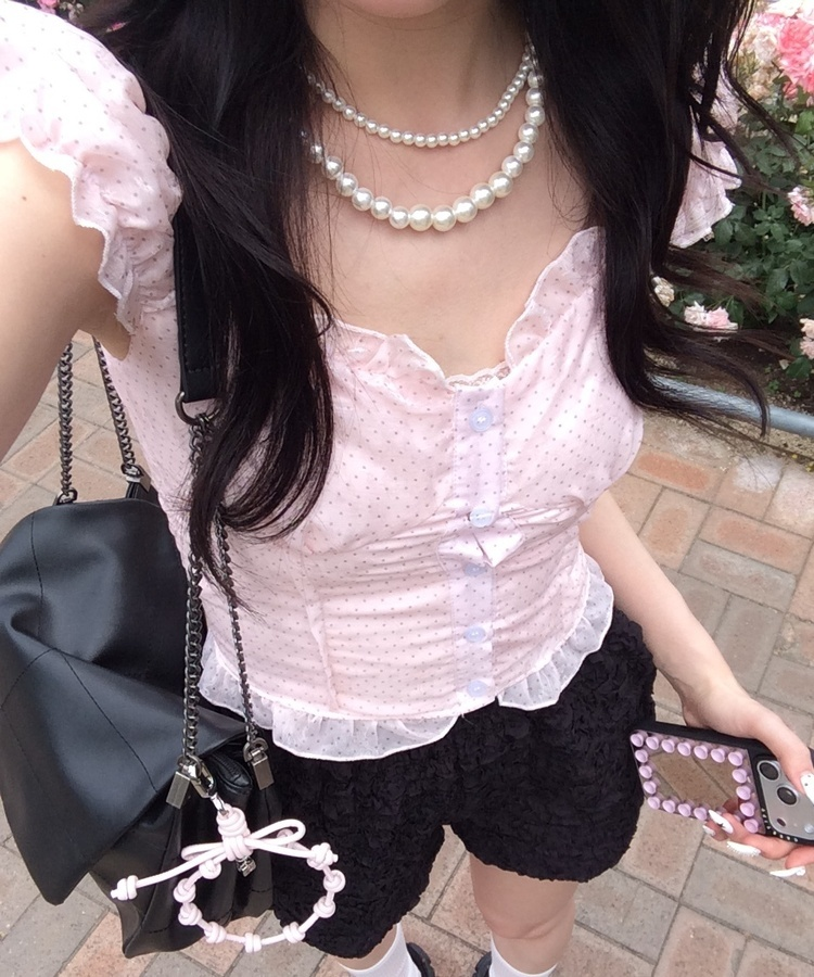 미니 도트 프릴 투웨이 블라우스 핑크