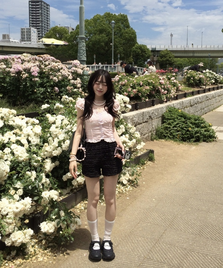 미니 도트 프릴 투웨이 블라우스 핑크