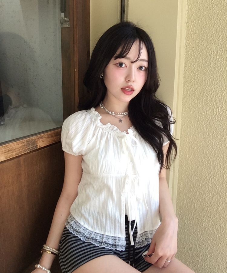 レースリボンパフブラウス WHITE