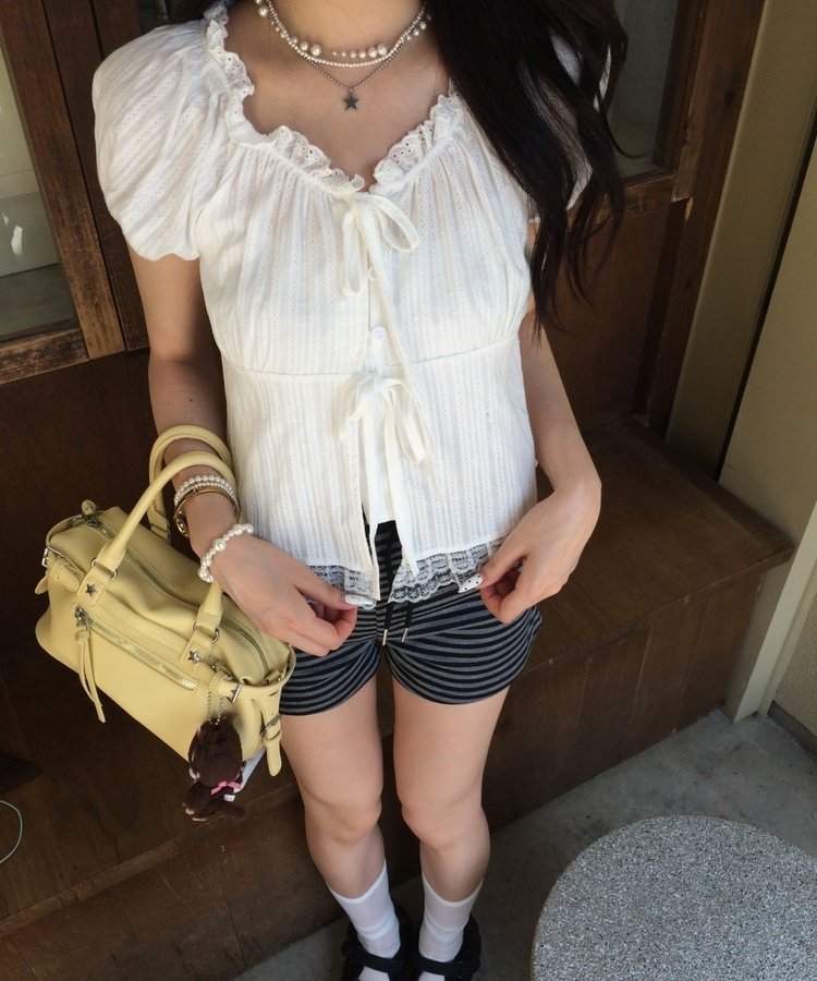 レースリボンパフブラウス WHITE