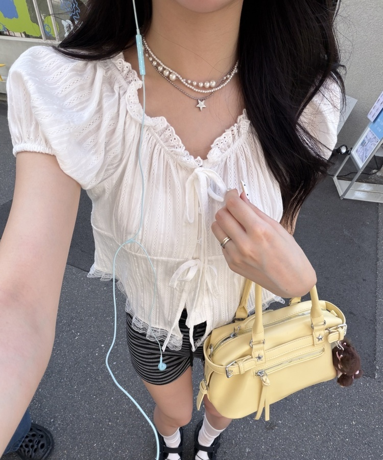 レースリボンパフブラウス WHITE