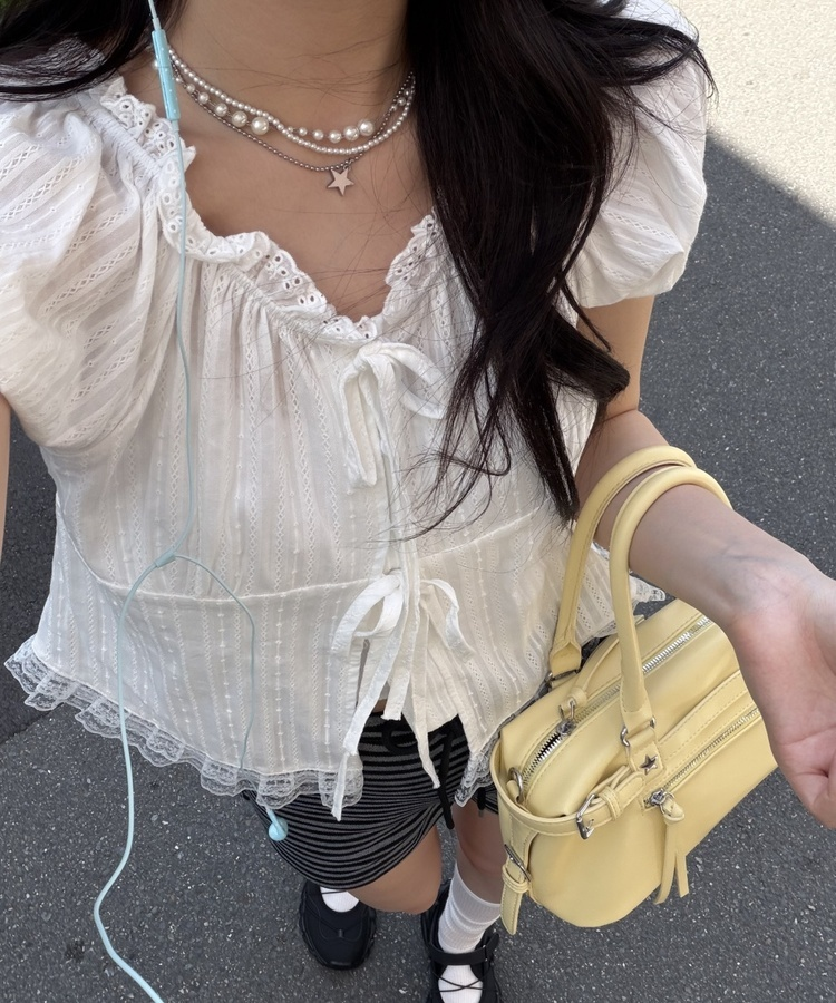 レースリボンパフブラウス WHITE