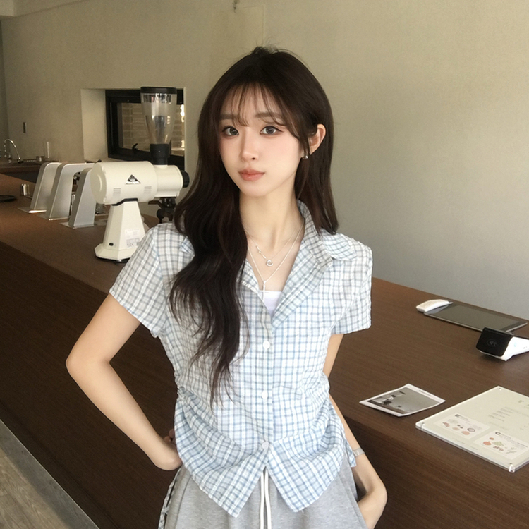 클라우디 카라 버튼 여름 세미 크롭 체크 반팔 셔츠 옆셔링 버튼 블라우스 스트링 반팔티 슬림핏 아우터 3color 소라