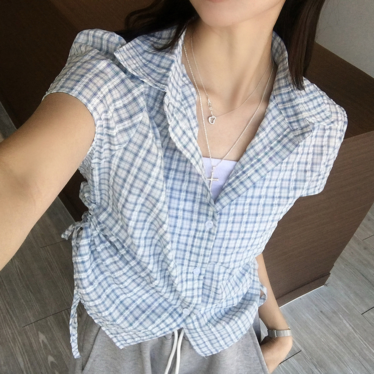 클라우디 카라 버튼 여름 세미 크롭 체크 반팔 셔츠 옆셔링 버튼 블라우스 스트링 반팔티 슬림핏 아우터 3color 소라
