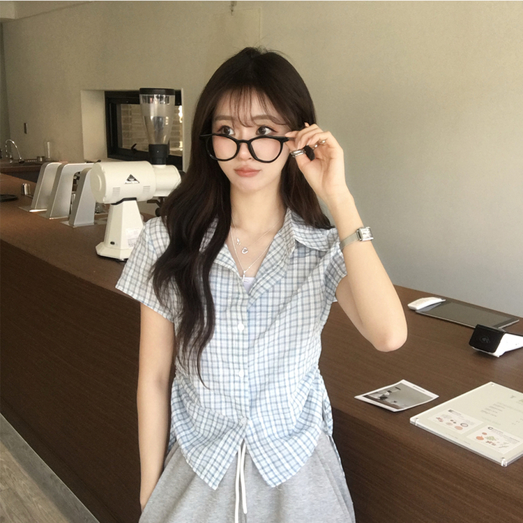 클라우디 카라 버튼 여름 세미 크롭 체크 반팔 셔츠 옆셔링 버튼 블라우스 스트링 반팔티 슬림핏 아우터 3color 소라