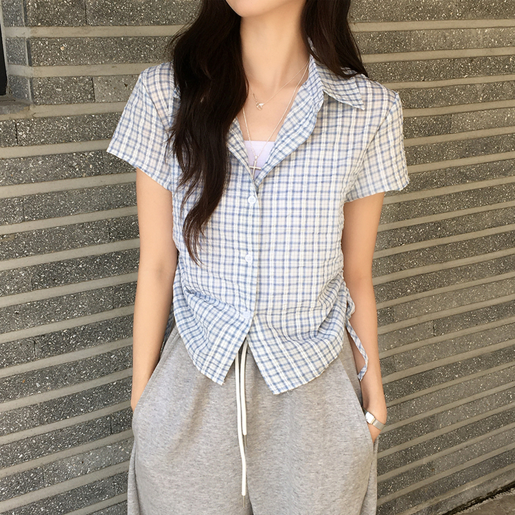 클라우디 카라 버튼 여름 세미 크롭 체크 반팔 셔츠 옆셔링 버튼 블라우스 스트링 반팔티 슬림핏 아우터 3color 소라