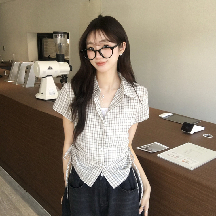 클라우디 카라 버튼 여름 세미 크롭 체크 반팔 셔츠 옆셔링 버튼 블라우스 스트링 반팔티 슬림핏 아우터 3color 베이지