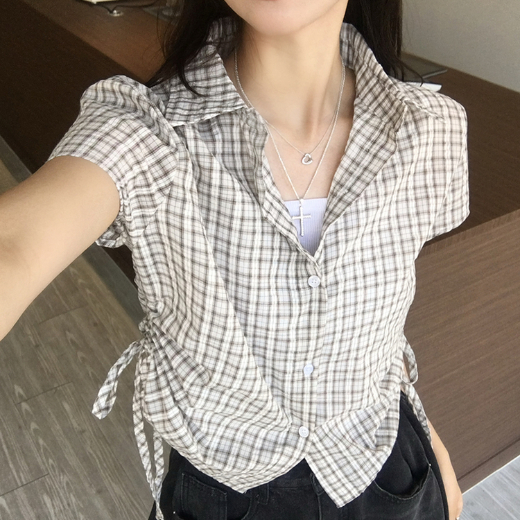 클라우디 카라 버튼 여름 세미 크롭 체크 반팔 셔츠 옆셔링 버튼 블라우스 스트링 반팔티 슬림핏 아우터 3color 베이지