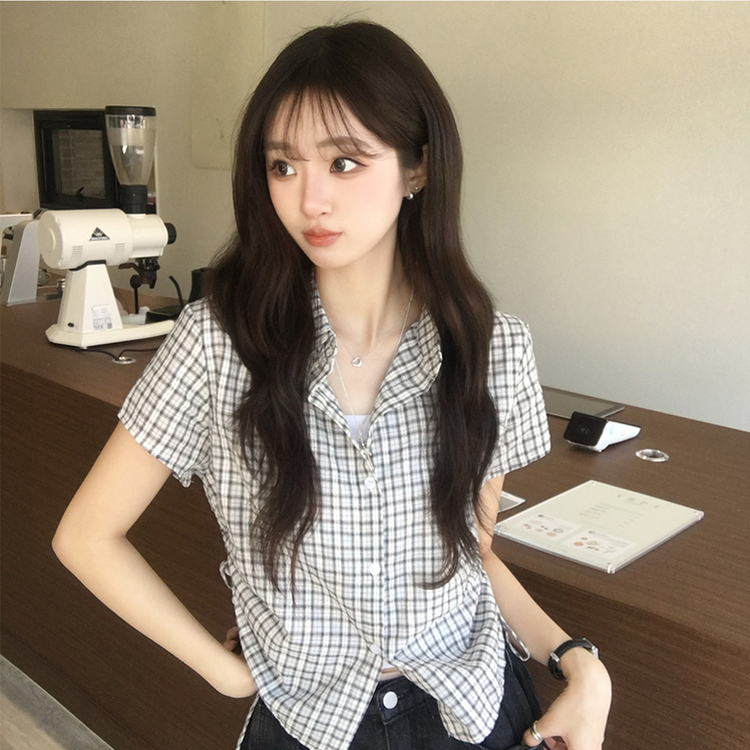 클라우디 카라 버튼 여름 세미 크롭 체크 반팔 셔츠 옆셔링 버튼 블라우스 스트링 반팔티 슬림핏 아우터 3color 블랙