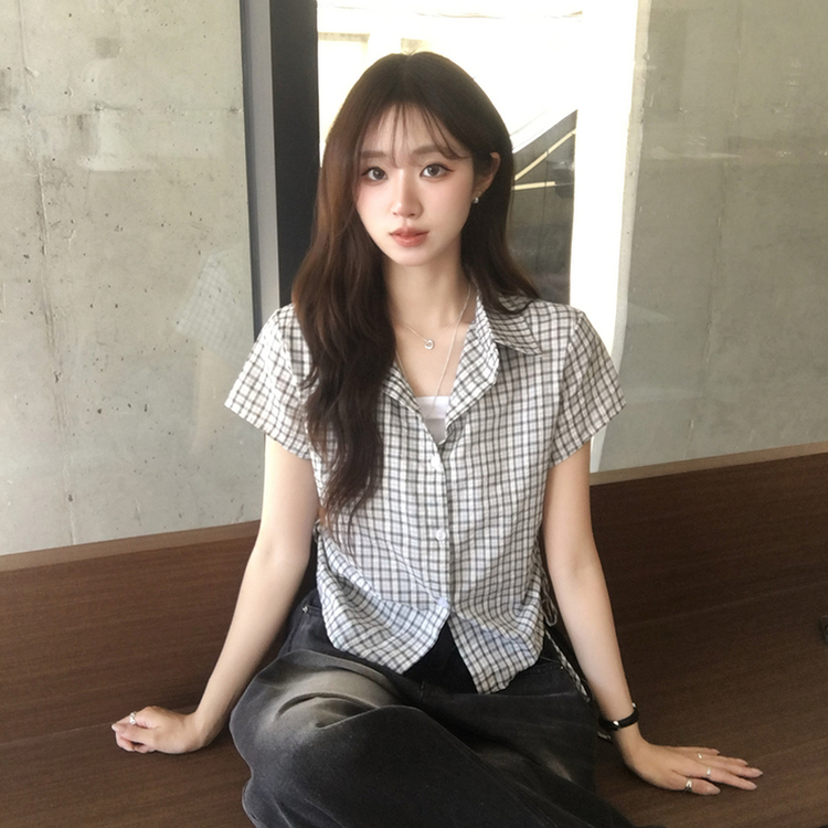 클라우디 카라 버튼 여름 세미 크롭 체크 반팔 셔츠 옆셔링 버튼 블라우스 스트링 반팔티 슬림핏 아우터 3color 블랙