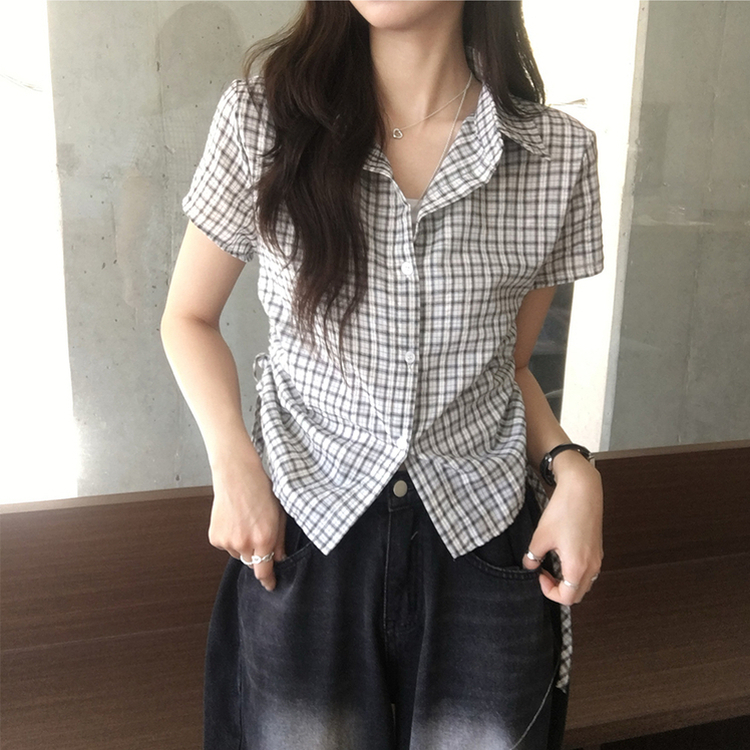 클라우디 카라 버튼 여름 세미 크롭 체크 반팔 셔츠 옆셔링 버튼 블라우스 스트링 반팔티 슬림핏 아우터 3color 블랙