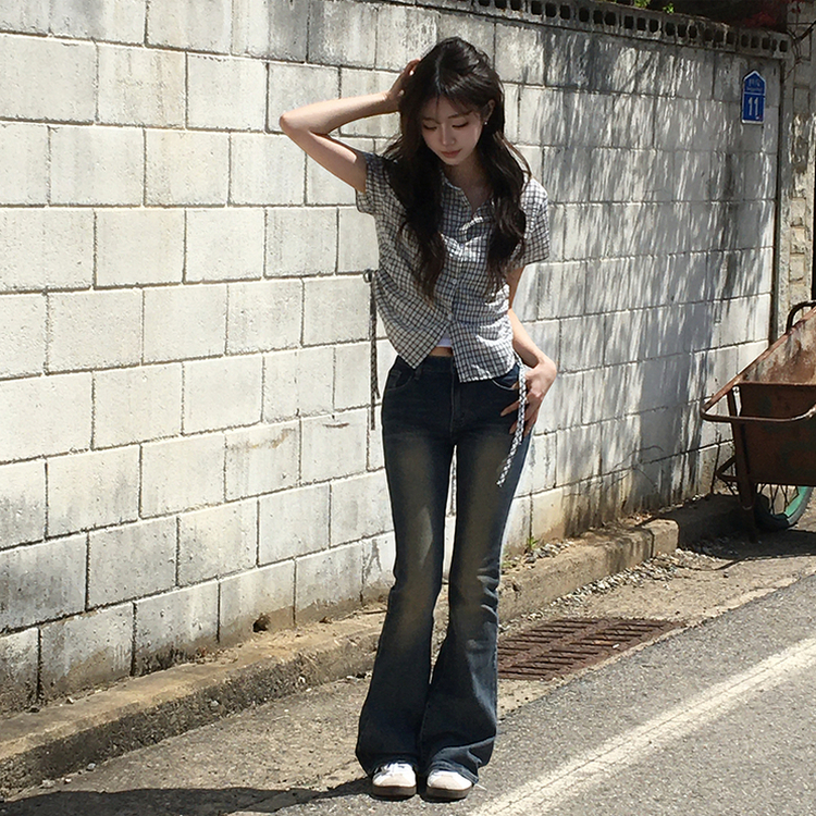 클라우디 카라 버튼 여름 세미 크롭 체크 반팔 셔츠 옆셔링 버튼 블라우스 스트링 반팔티 슬림핏 아우터 3color 블랙