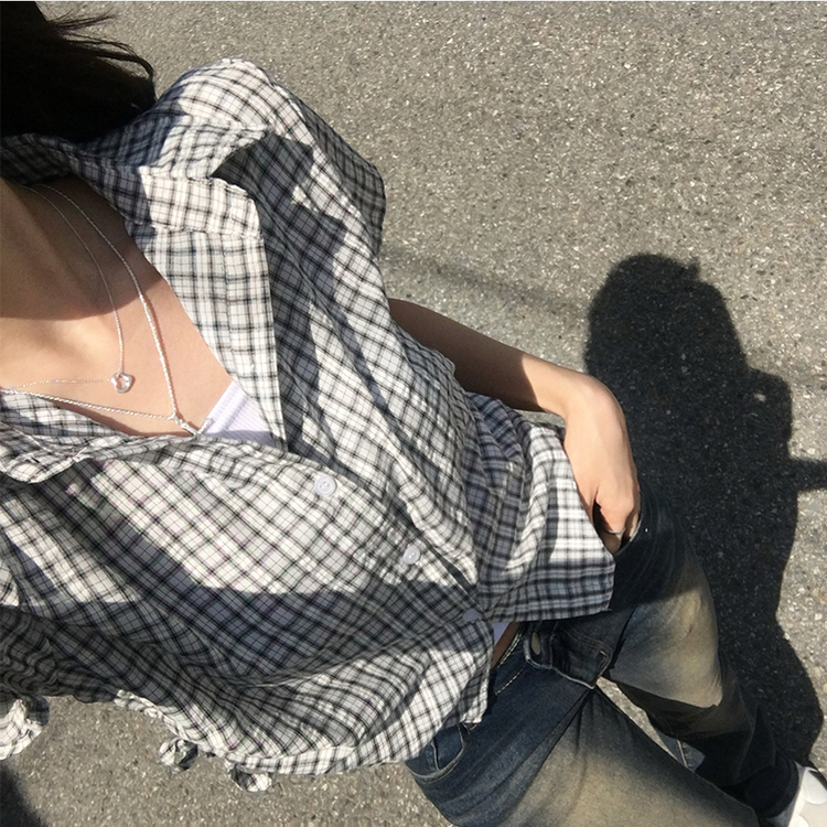 클라우디 카라 버튼 여름 세미 크롭 체크 반팔 셔츠 옆셔링 버튼 블라우스 스트링 반팔티 슬림핏 아우터 3color 블랙