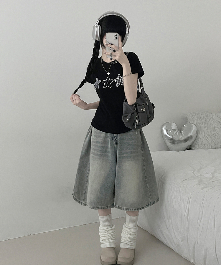 체크별패치세미크롭반팔티셔츠 블랙
