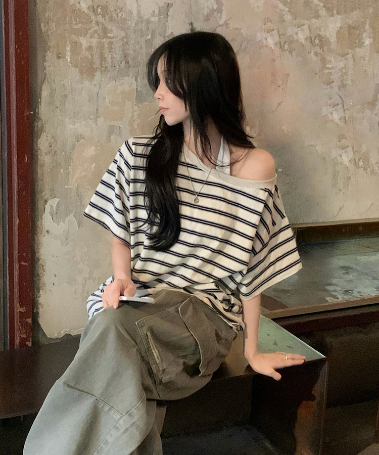 캔디 스트라이프 원오프 오버핏 단가라 데일리 반팔티셔츠 3color 아이보리