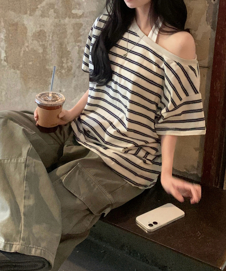 캔디 스트라이프 원오프 오버핏 단가라 데일리 반팔티셔츠 3color 아이보리