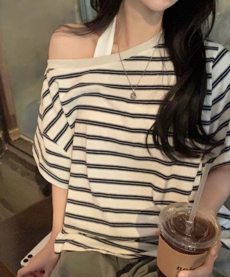캔디 스트라이프 원오프 오버핏 단가라 데일리 반팔티셔츠 3color 아이보리
