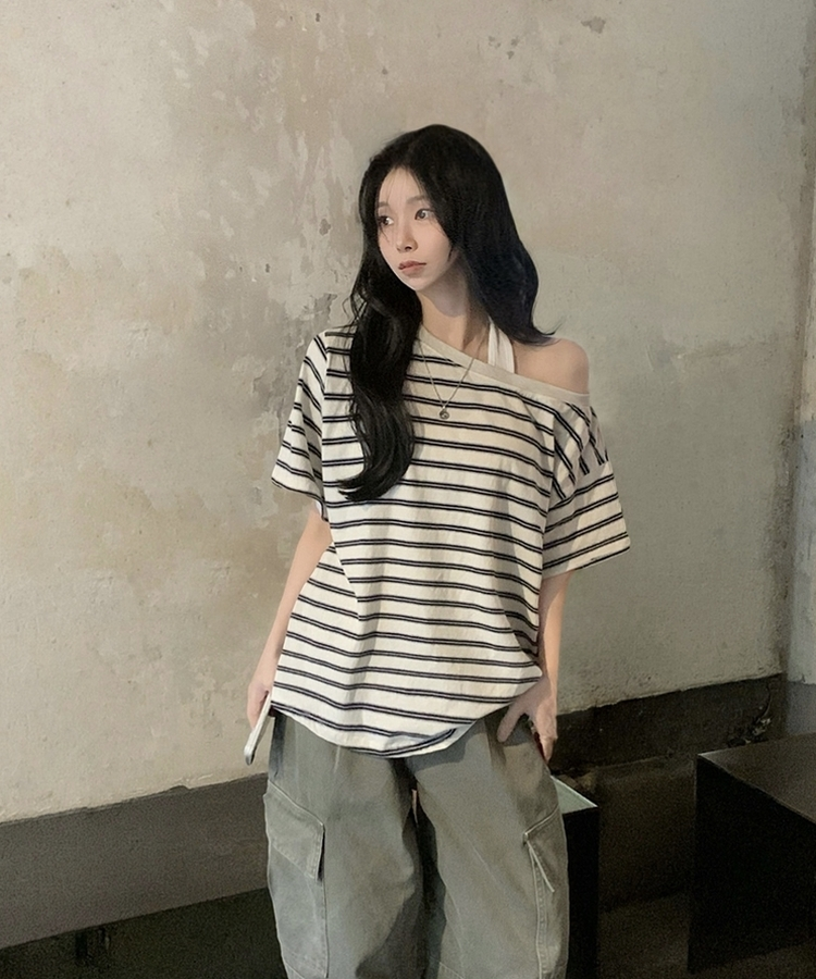 캔디 스트라이프 원오프 오버핏 단가라 데일리 반팔티셔츠 3color 아이보리