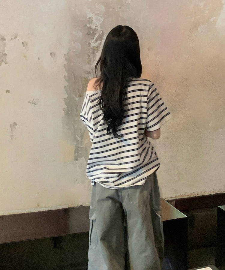 캔디 스트라이프 원오프 오버핏 단가라 데일리 반팔티셔츠 3color 아이보리