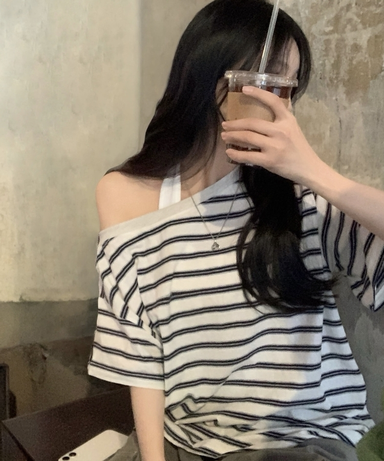 캔디 스트라이프 원오프 오버핏 단가라 데일리 반팔티셔츠 3color 아이보리