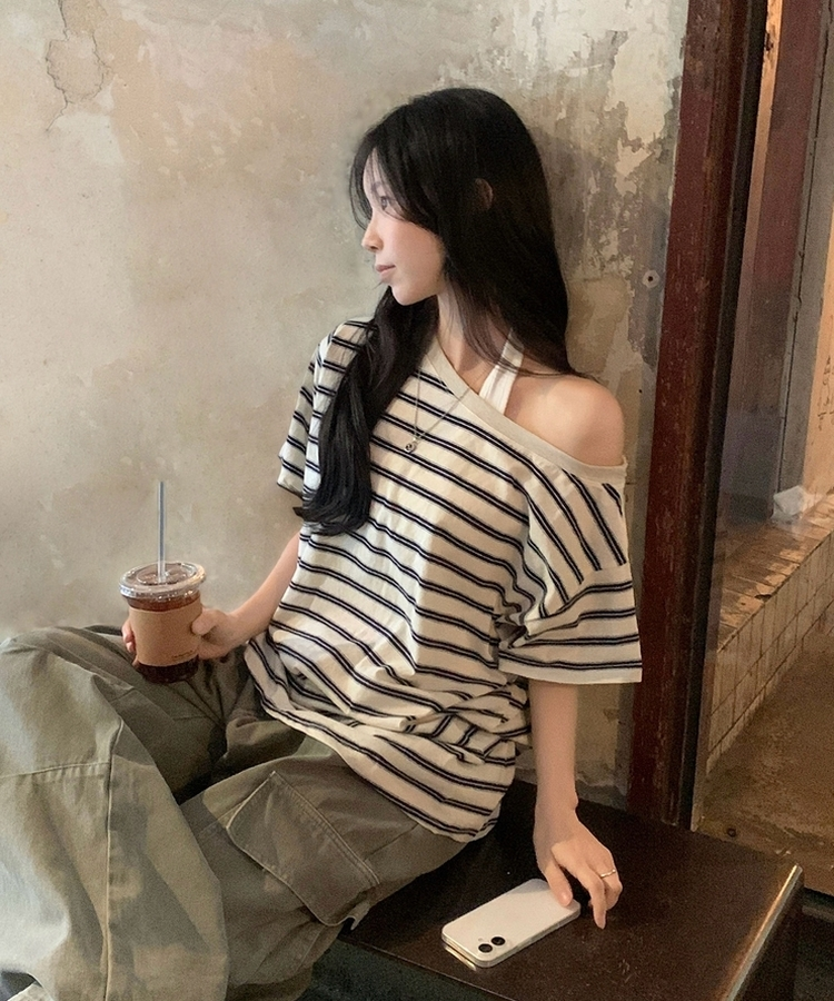 캔디 스트라이프 원오프 오버핏 단가라 데일리 반팔티셔츠 3color 아이보리