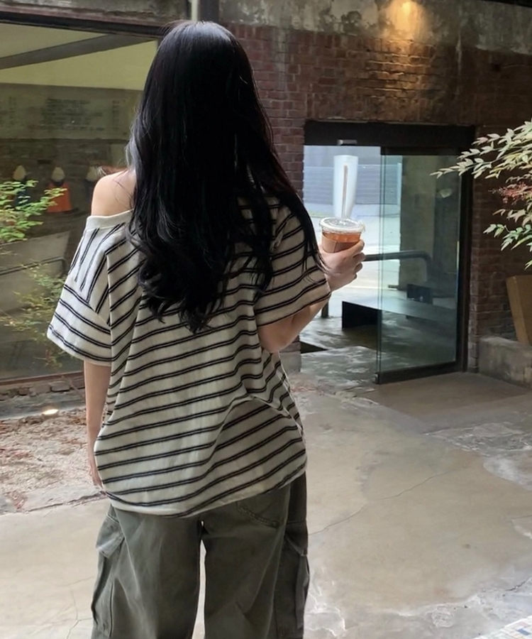 캔디 스트라이프 원오프 오버핏 단가라 데일리 반팔티셔츠 3color 멜란지그레이
