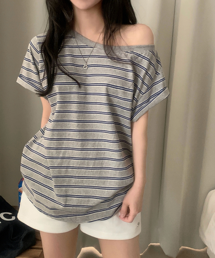 캔디 스트라이프 원오프 오버핏 단가라 데일리 반팔티셔츠 3color 멜란지그레이
