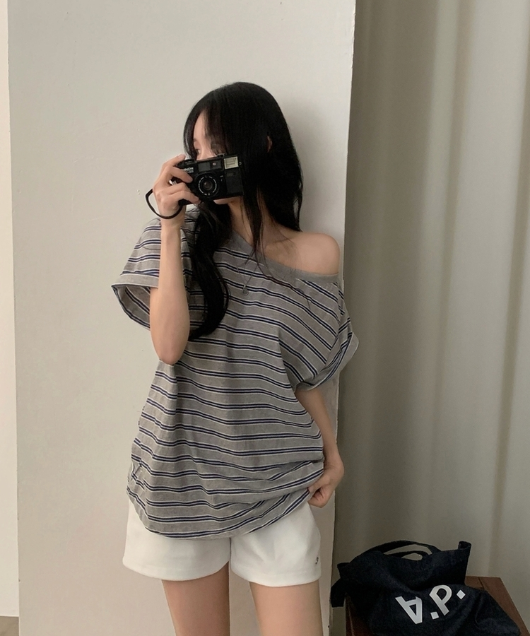 캔디 스트라이프 원오프 오버핏 단가라 데일리 반팔티셔츠 3color 멜란지그레이