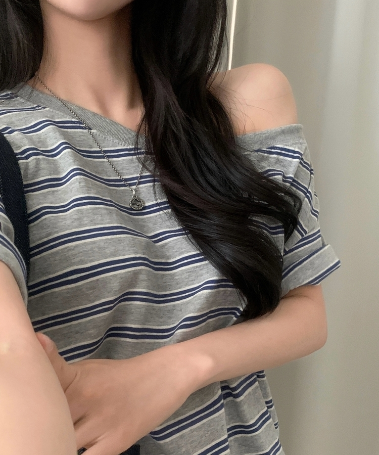 캔디 스트라이프 원오프 오버핏 단가라 데일리 반팔티셔츠 3color 멜란지그레이