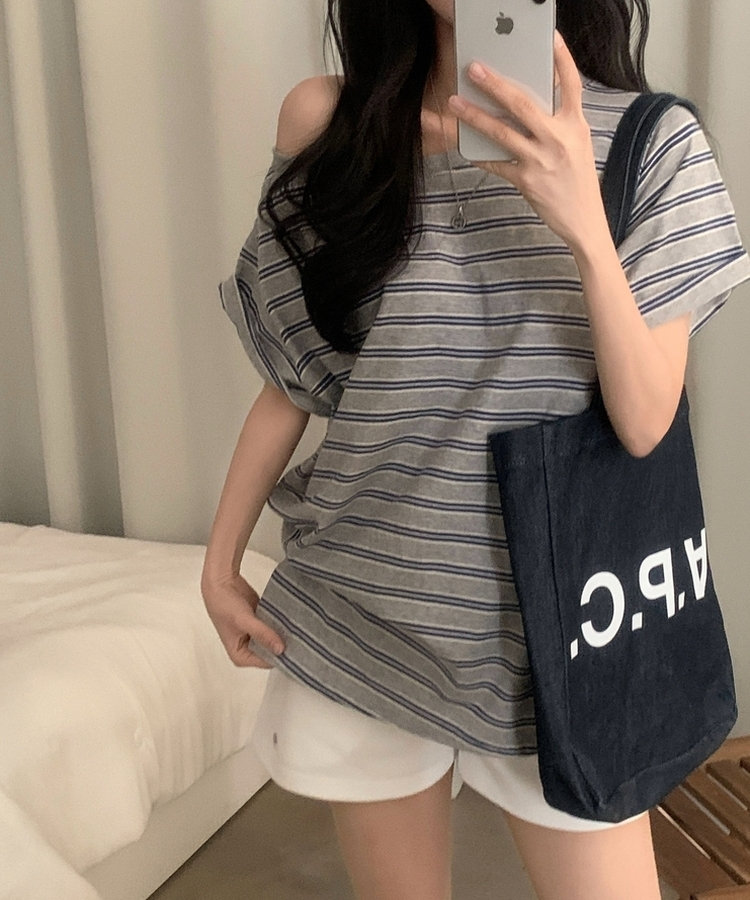 캔디 스트라이프 원오프 오버핏 단가라 데일리 반팔티셔츠 3color 멜란지그레이