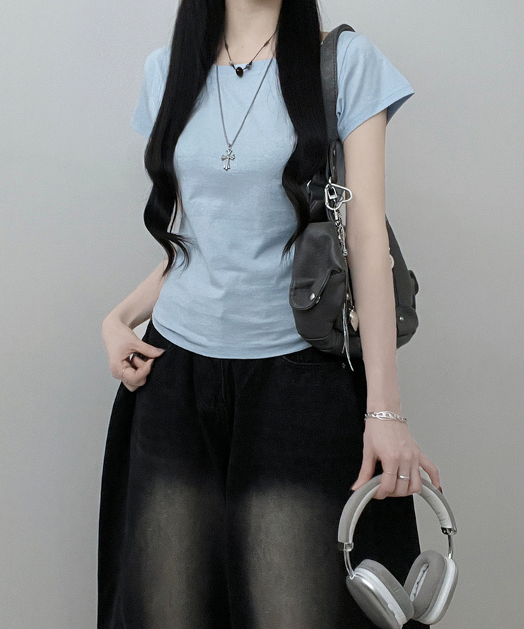 ラウンドスリムベーシック半袖Tシャツ(5color) SKY BLUE
