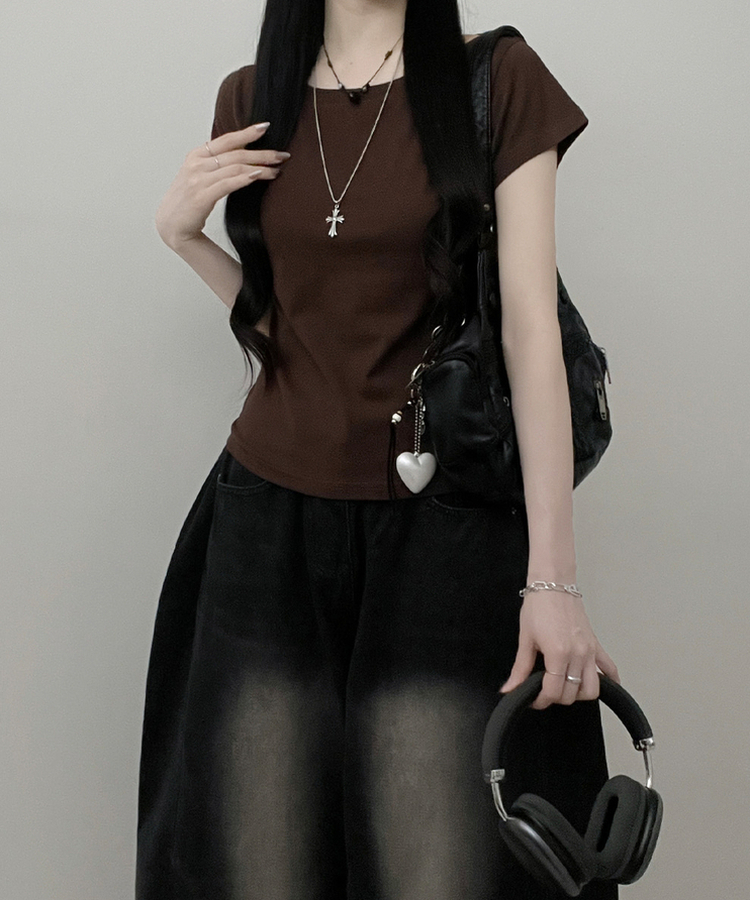 ラウンドスリムベーシック半袖Tシャツ(5color) CHESTNUT BROWN