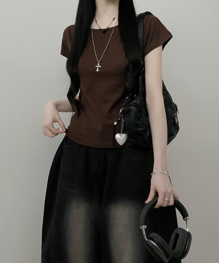 ラウンドスリムベーシック半袖Tシャツ(5color) CHESTNUT BROWN