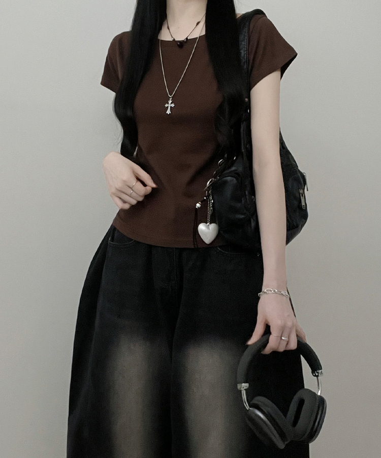 ラウンドスリムベーシック半袖Tシャツ(5color) CHESTNUT BROWN