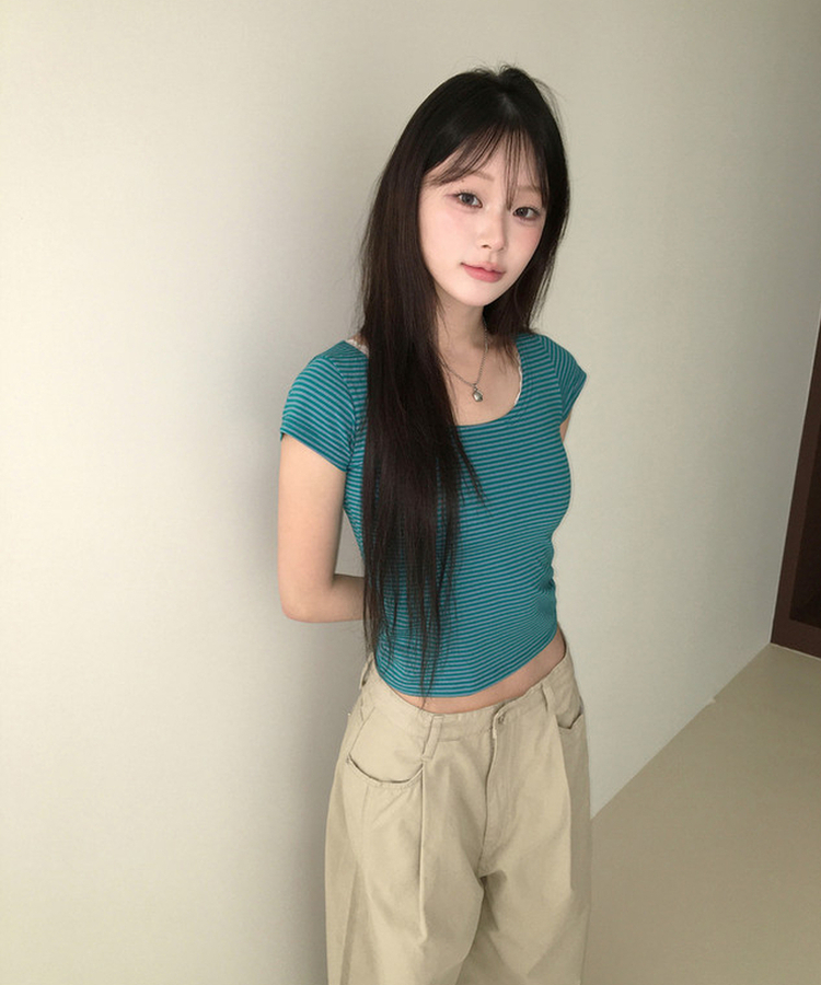 ストライプラウンド半袖Tシャツ TEAL