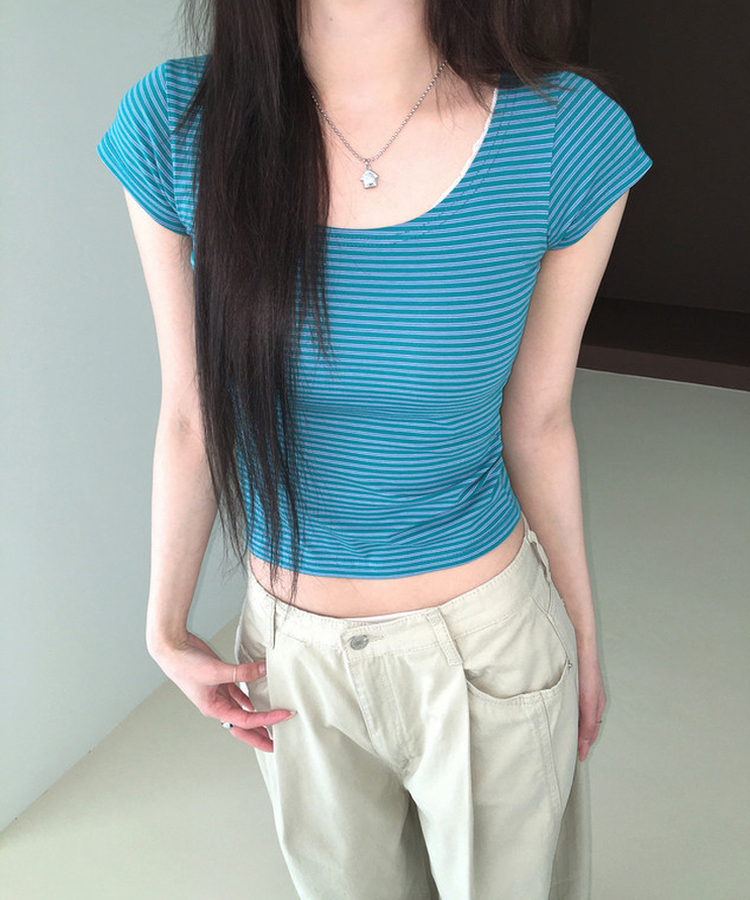 ストライプラウンド半袖Tシャツ TEAL