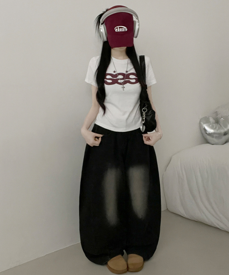 SSS스타프린팅레터링세미크롭반팔티셔츠 화이트