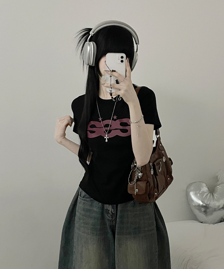 SSS스타프린팅레터링세미크롭반팔티셔츠 블랙