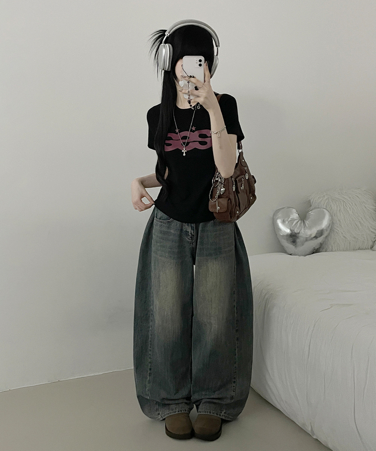 SSS스타프린팅레터링세미크롭반팔티셔츠 블랙