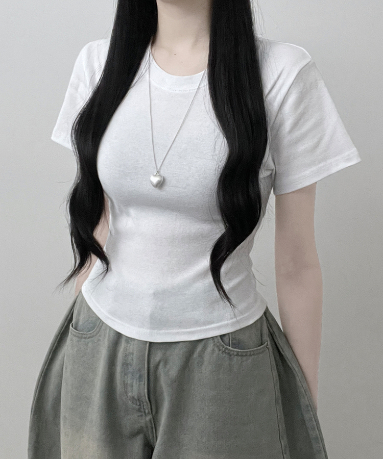 넉넉소매잘록허리라운드넥무지반팔티 아이보리