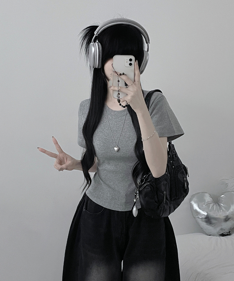 넉넉소매잘록허리라운드넥무지반팔티 회색