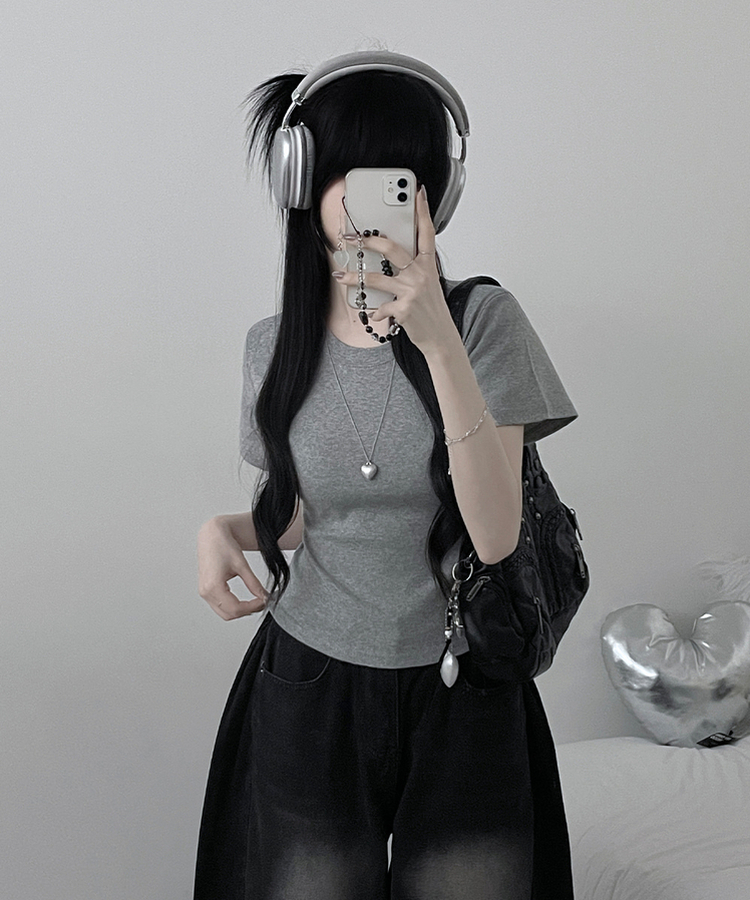 넉넉소매잘록허리라운드넥무지반팔티 회색