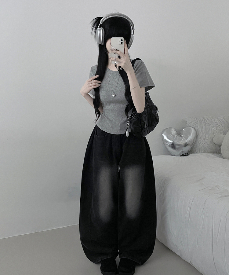 넉넉소매잘록허리라운드넥무지반팔티 회색